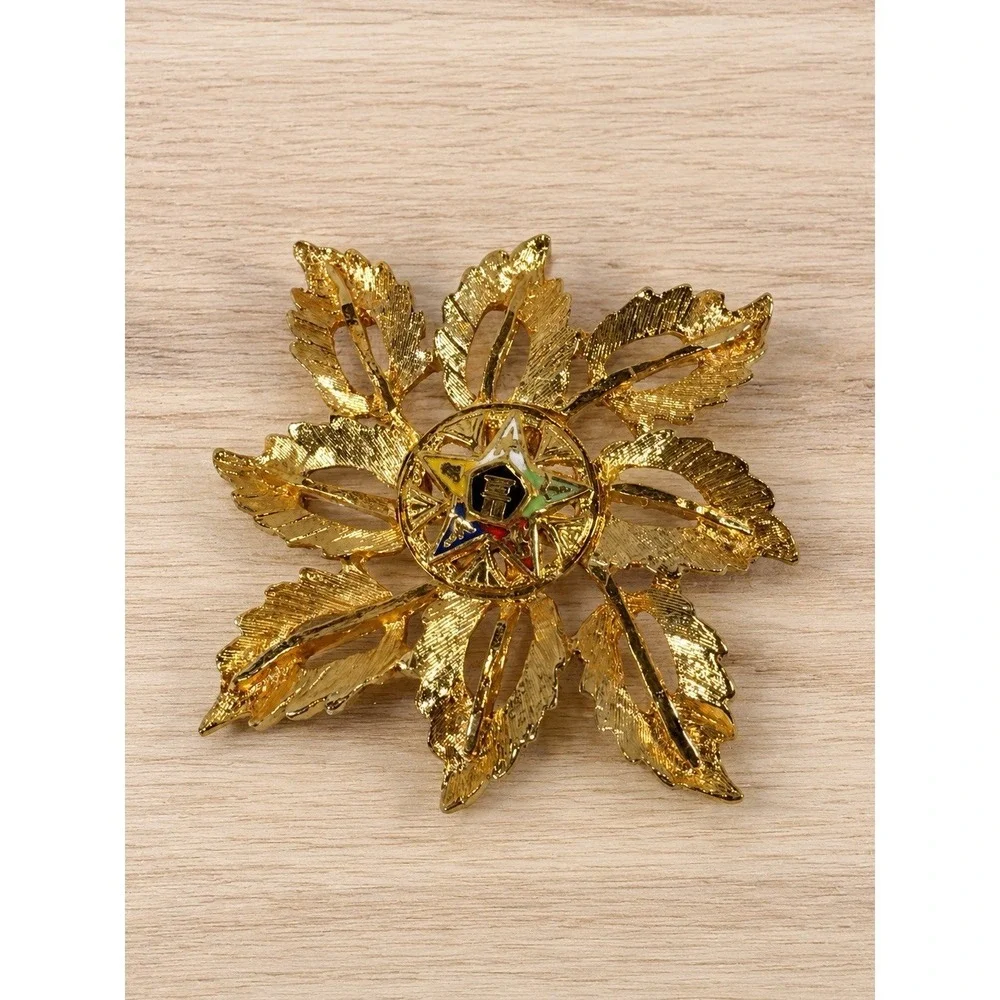 Vintage Order of the Eastern Star Gold Tone Leaf Brooch Pin OES Fraternal Jewel